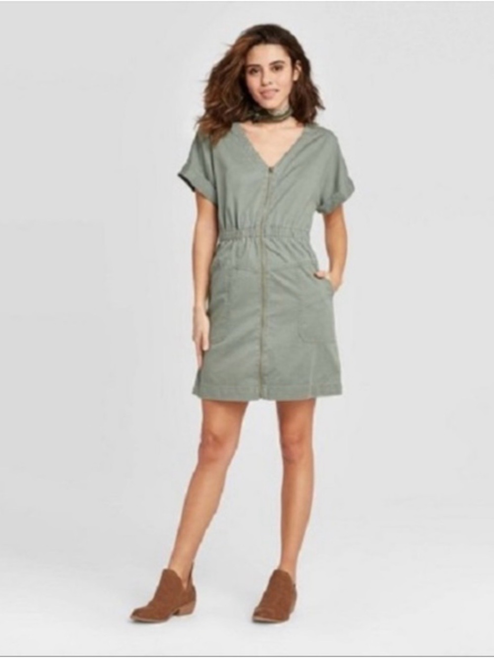 Olive Green Zip Front Dress